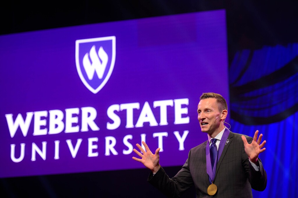 (Trent Nelson  |  The Salt Lake Tribune) Brad Mortensen speaks at his inauguration as the president of Weber State University in Ogden on Tuesday, Jan. 7, 2020.