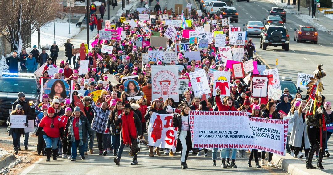 (Rick Egan  |  The Salt Lake Tribune) Marchers make their way up State Street from Washington Square Park to the Capitol Building in the 2020 Womxn's March in Salt Lake City on Saturday, Jan. 18, 2020.