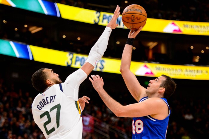 (Trent Nelson  |  The Salt Lake Tribune) Utah Jazz center Rudy Gobert (27) blocks a shot by Sacramento Kings forward Nemanja Bjelica (88) as the Utah Jazz host the Sacramento Kings, NBA basketball in Salt Lake City on Saturday, Jan. 18, 2020.