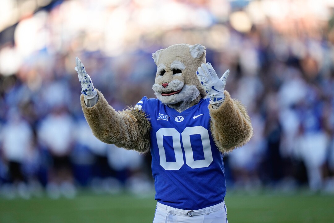 (Francisco Kjolseth | The Salt Lake Tribune) Cosmo gets the crowd riled during the first half of an NCAA college football game against Utah Tech, Saturday, Sept. 5, 2026, at LaVell Edwards Stadium in Provo.