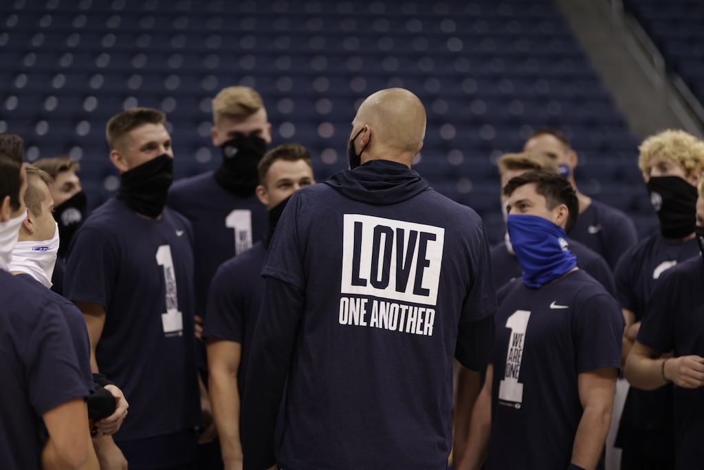 (Photo courtesy of BYU athletics) BYU basketball coach Mark Pope talks to his players at a recent practice for the upcoming season.