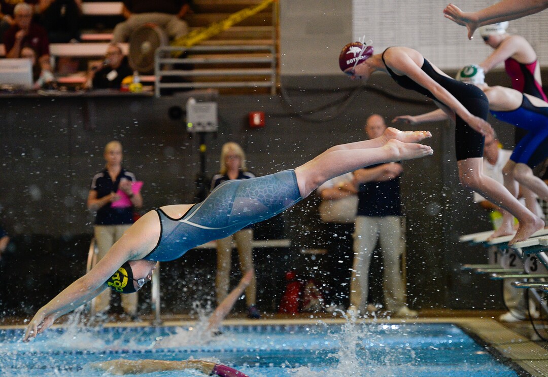 (Francisco Kjolseth  |  The Salt Lake Tribune)  Women compete in the 200 Yard Medley Relay at the high school swimming 5A State Championships in Bountiful, Friday February 9, 2018.