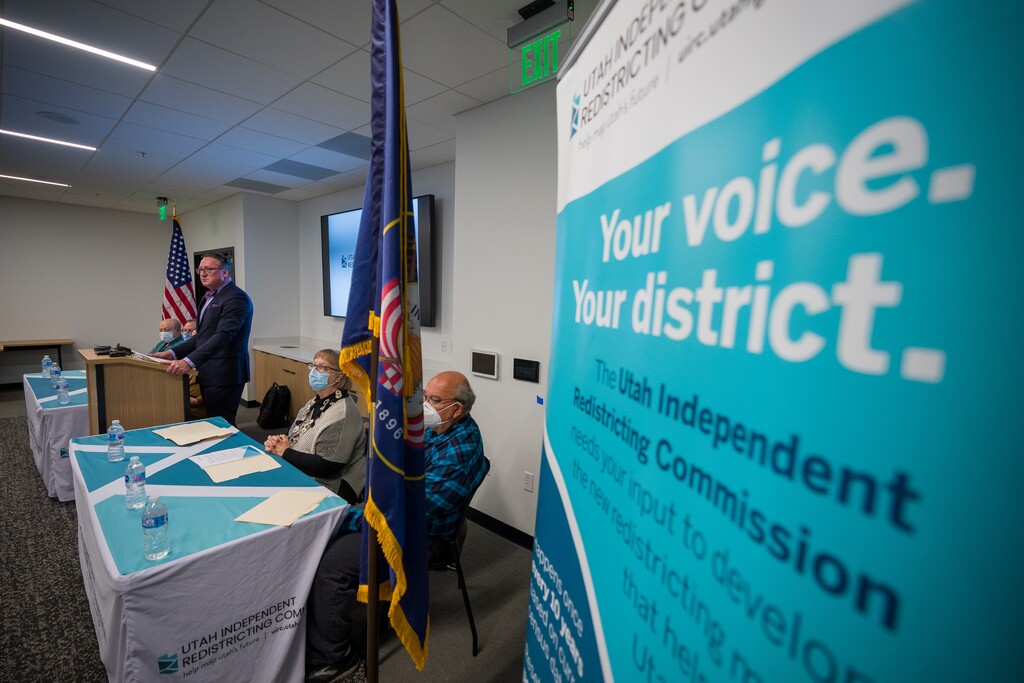 (Trent Nelson  |  The Salt Lake Tribune) Rex Facer II speaks at a news conference held by the Utah’s bipartisan redistricting panel in Taylorsville on Tuesday, Oct. 26, 2021.