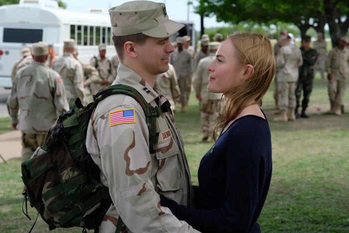 (Photo courtesy of Van Redin/National Geographic) Jason Ritter stars as Capt. Troy Denomy and Kate Bosworth as Gina Denomy in “The Long Road Home.”