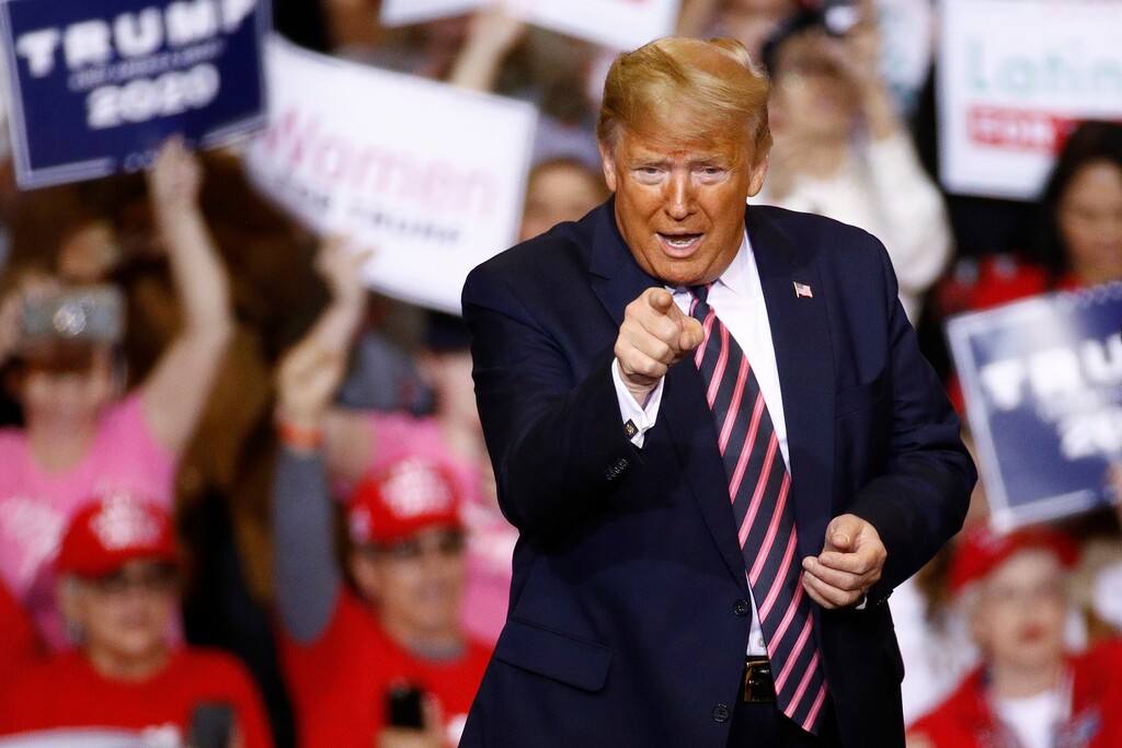 (Patrick Semansky | AP) President Donald Trump points to the audience as he walks onstage to speak at a campaign rally, Friday, Feb. 21, 2020, in Las Vegas.
