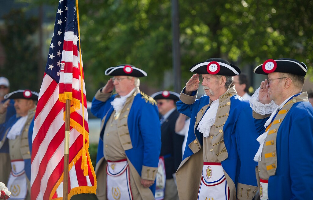 (Mike Adams | The Augusta Chronicle | The Associated Press) Members of the National Sojourners salute the flag as they present the colors at the annual Fourth of July ceremony honoring Georgia's signers of the Declaration of Independence in Augusta, Ga., on Wednesday, July 4, 2018.