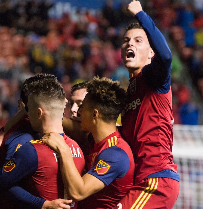 (Rick Egan  |  The Salt Lake Tribune)      Real Salt Lake celebrates Luis Silva's (20) goal in the first period, in MLS action between Real Salt Lake and Vancouver Whitecaps, at Rio Tinto Stadium beSaturday, April 7, 2018.


