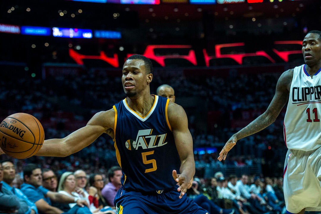 Chris Detrick  |  The Salt Lake TribuneUtah Jazz guard Rodney Hood (5) grabs the ball past LA Clippers guard Jamal Crawford (11) during Game 1 of the Western Conference at the Staples Center Saturday, April 15, 2017.  Utah Jazz defeated LA Clippers 97-95.