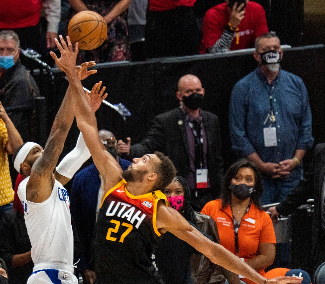(Rick Egan | The Salt Lake Tribune) Utah Jazz center Rudy Gobert (27) blocks a shot by LA Clippers forward Marcus Morris Sr. (8) with seconds left in Game One of the second round of the NBA playoffs at Vivint Arena, on Tuesday, June 8, 2021.