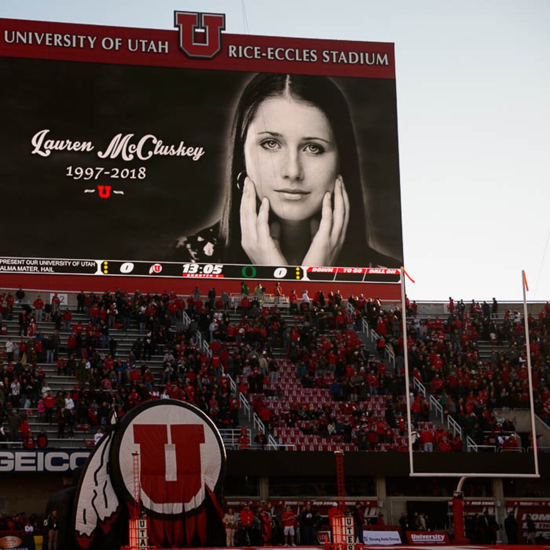 (Trent Nelson | The Salt Lake Tribune)  A moment of silence is observed for Lauren McCluskey. Utah Utes host the Oregon Ducks, NCAA football at Rice-Eccles Stadium in Salt Lake City on Saturday Nov. 10, 2018.