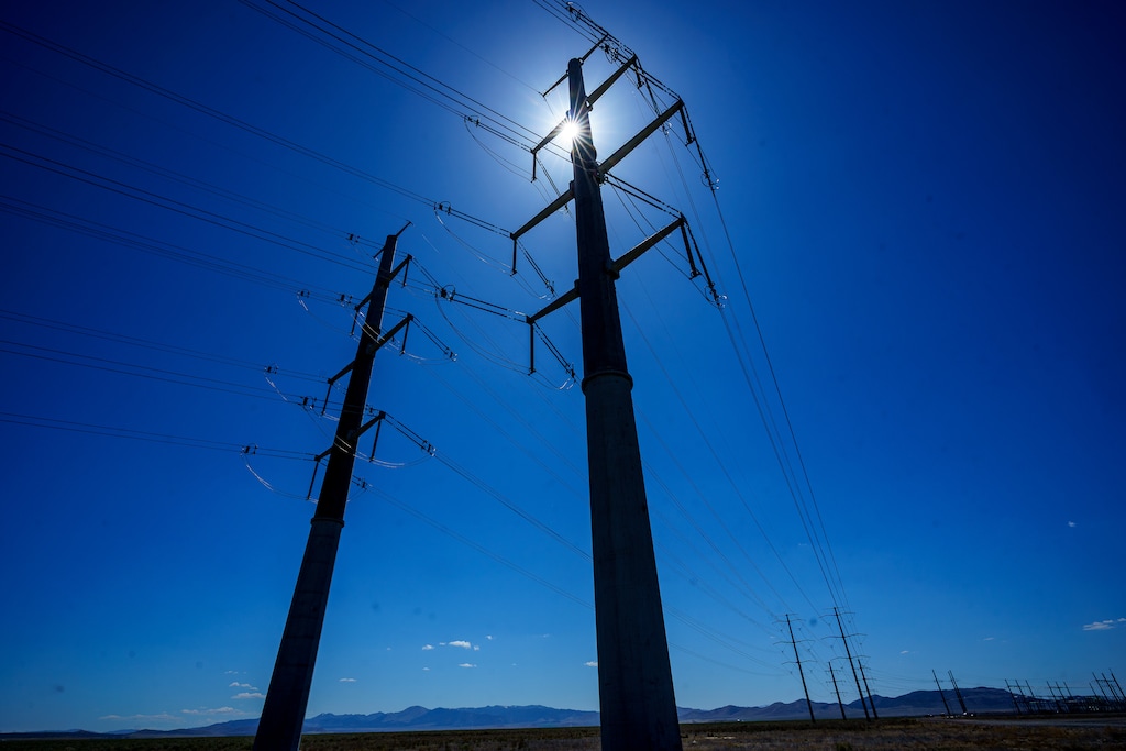 (Trent Nelson  |  The Salt Lake Tribune) Power lines in Eagle Mountain on Friday, May 2, 2025.