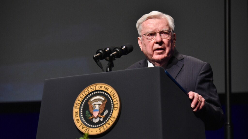 (The Church of Jesus Christ of Latter-day Saints) M. Russell Ballard, acting president of the Quorum of the Twelve Apostles, speaks at the memorial service of Latter-day Saint and former U.S. Senate Majority Leader Harry Reid on Saturday, Jan. 8, 2022, at the Smith Center for the Performing Arts in Las Vegas.