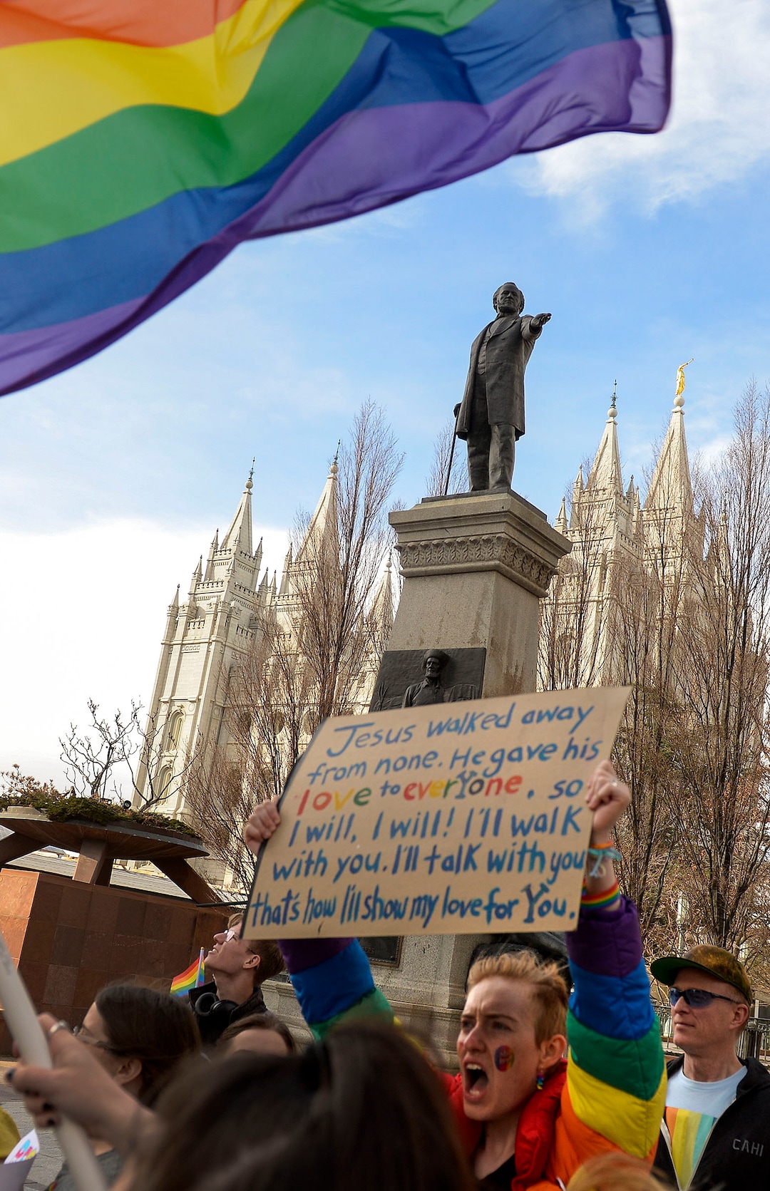 (Leah Hogsten  |  The Salt Lake Tribune)  Brigham Young University LGBTQ students took their concerns about the schoolÕs policy reversal regarding romantic behavior by same-sex couples to The Church of Jesus Christ of Latter-day Saints office building, Mar. 6, 2020. Despite removing the section on Òhomosexual behaviorÓ from BYU Honor Code last month, The LDS Church has clarified for the first time that same-sex romantic behavior is still Ònot compatibleÓ with the rules at BYU.