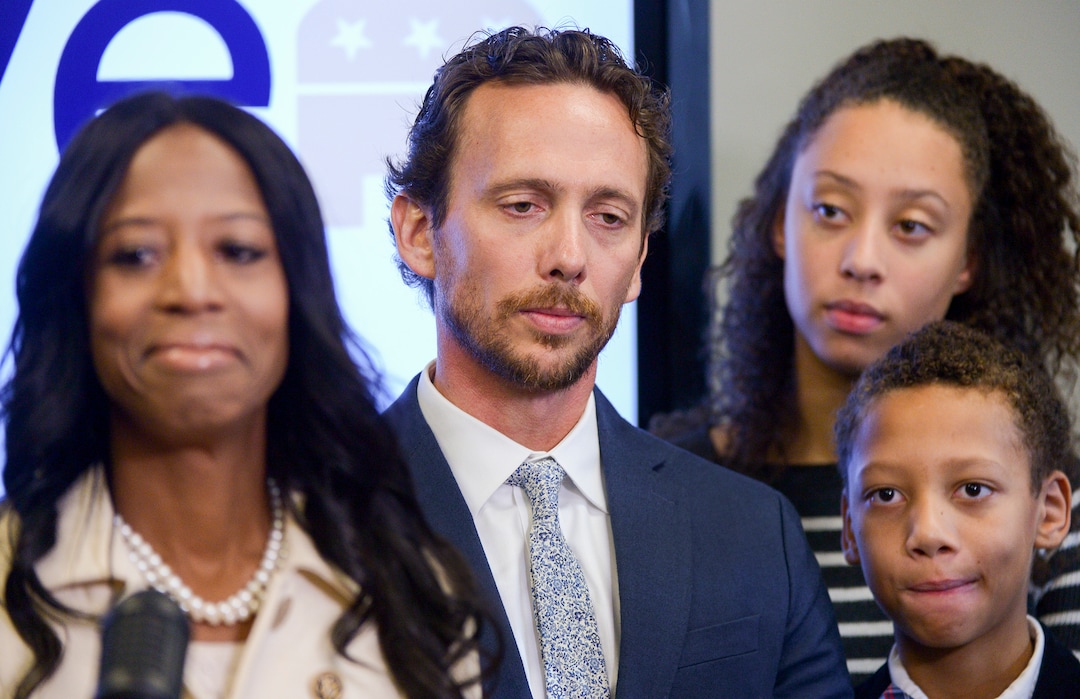 Leah Hogsten  |  The Salt Lake Tribune  l-r When asked if she plan to run again, Mia Love said, ÒI donÕt know. WeÕll see.Ó Love is joined at the lecturn with her husand Jason Love, daughter Alessa and son Peyton. Mia Love, the former two-term republican representative from Utah's 4th Congressional District held a press conference at the Utah Republican Party headquarters, Nov. 26, 2018 to discuss her accomplishments, Washington politics, President Donald Trump and her future.