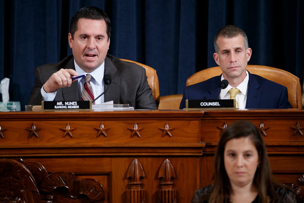 (Shawn Thew | AP file photo) Ranking member Rep. Devin Nunes of Calif., left, and Steve Castor, the Republican staff attorney, right, speaking during testimony by Jennifer Williams, an aide to Vice President Mike Pence, and National Security Council aide Lt. Col. Alexander Vindman, before the House Intelligence Committee on Capitol Hill in Washington, Tuesday, Nov. 19, 2019, during a public impeachment hearing of President Donald Trump's efforts to tie U.S. aid for Ukraine to investigations of his political opponents.
