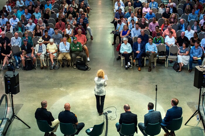 (Chris Detrick  |  The Salt Lake Tribune) Salt Lake City Mayor Jackie Biskupski speaks during a public forum about Operation Rio Grande at The Gateway in Salt Lake City Tuesday, August 15, 2017. 