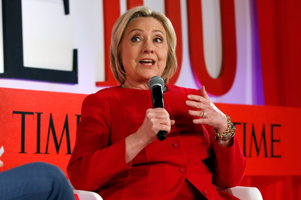 Hillary Clinton speaks during the TIME 100 Summit, in New York, Tuesday, April 23, 2019. (AP Photo/Richard Drew)