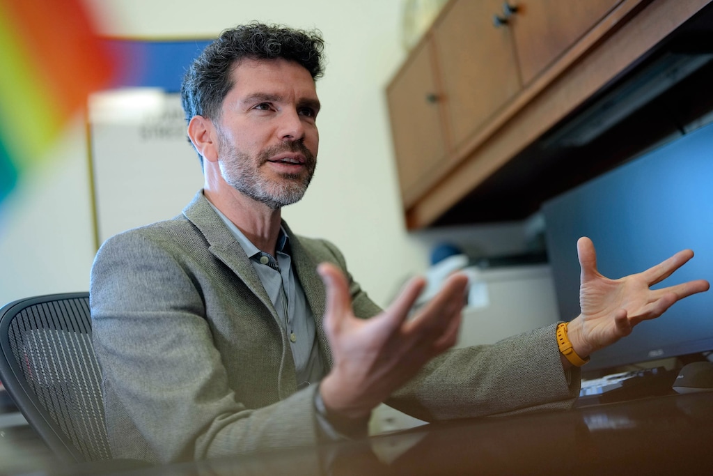 (Francisco Kjolseth | The Salt Lake Tribune) Dustin Gettel, newly appointed Mayor of Midvale City, talks about his time in the new role since his election on Friday, April 11, 2025. Gettel, a seven-year veteran of the City Council, who is openly gay, came into office right before the state banned pride flags in government buildings and is wondering if he will have to take down his small desk flags once the law goes into effect in early May.