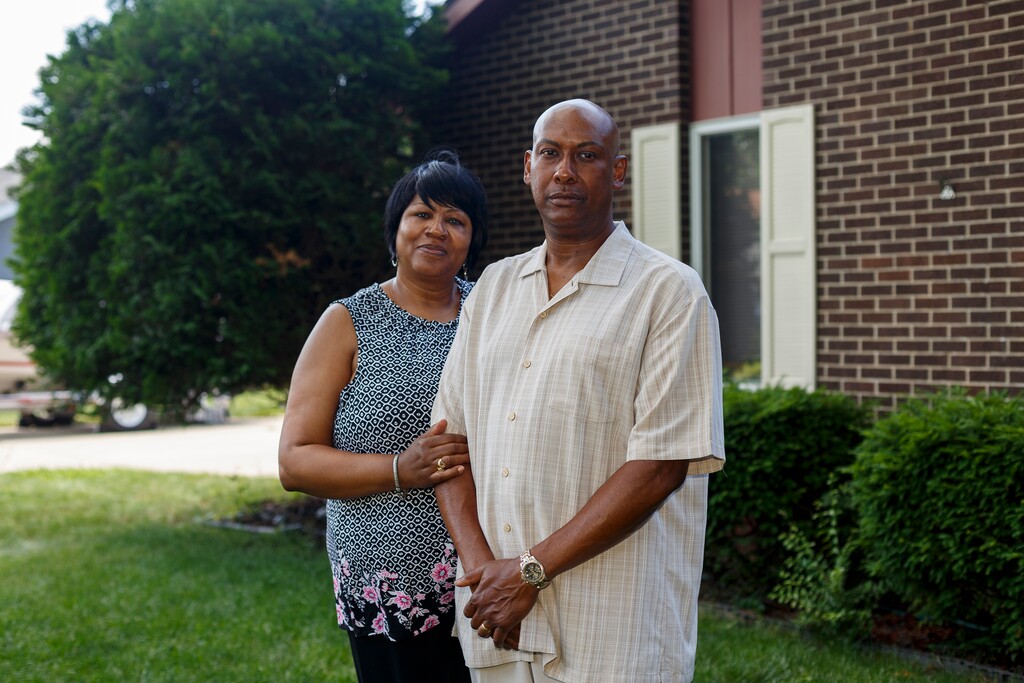 (Elaine Cromie | The New York Times) Teresa Bradley, 60, and her husband, Marvin Bradley, 61, who both had Covid-19 earlier this year, at their home in Kentwood, Mich., June 27, 2020. Black and Latino people have been disproportionately affected by the coronavirus in a widespread manner that spans the country, throughout hundreds of counties in urban, suburban and rural areas, and across all age groups.