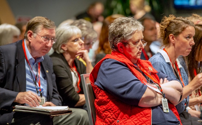 (Leah Hogsten | The Salt Lake Tribune) Utah Republican Party central committee member Janice Legler of Davis County and fellow committee members listen to chair Rob Anderson. The Utah Republican Party Central Committee meets Saturday, May 19, 2018, to elect a new party vice chairman and debate several potential bylaw changes.