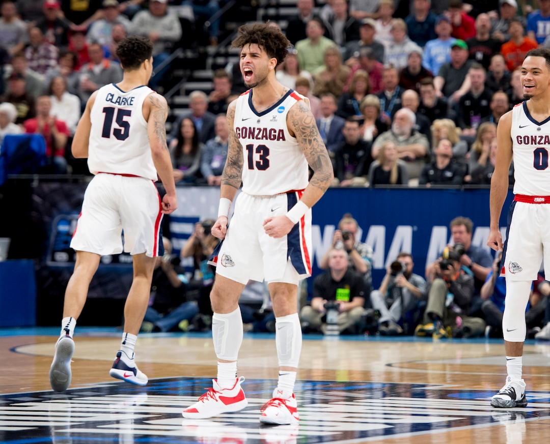 (Leah Hogsten  | The Salt Lake Tribune)  Gonzaga Bulldogs guard Josh Perkins (13) cheers as his team dominates Baylor in the first half of their game in the NCAA tournament in Salt Lake City on Saturday, March 23, 2019.