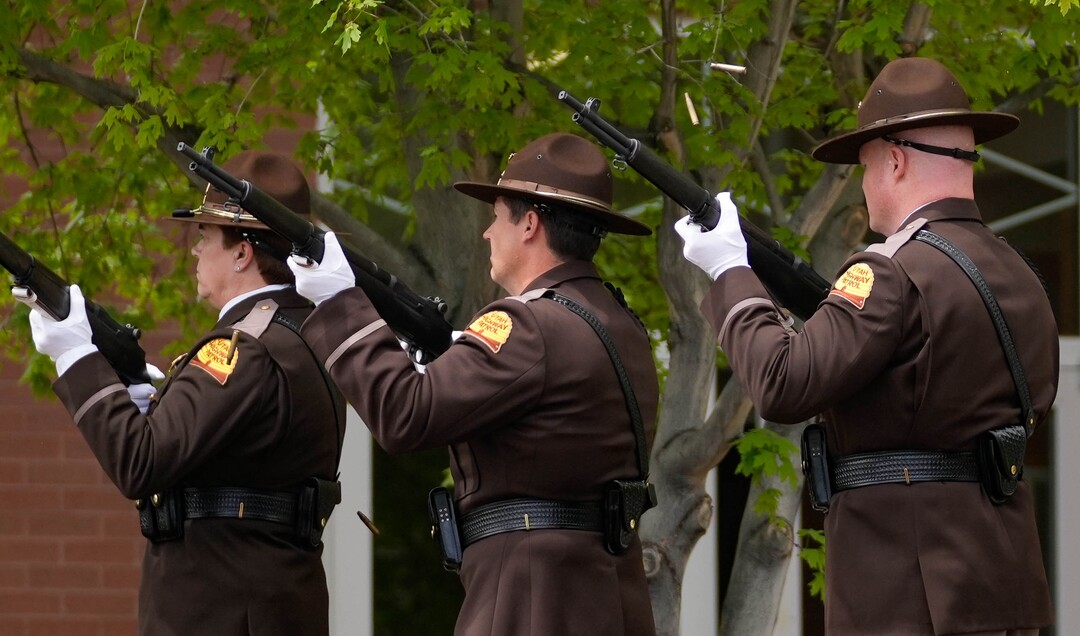 (Francisco Kjolseth | The Salt Lake Tribune) Members of the Utah Army National Guard fire their rifles in honor of  former U.S. Sen. Orrin Hatch after his funeral services at the Institute of Religion in Salt Lake City on Friday, May 6, 2022. Hatch, the longest-serving Republican senator in U.S. history and the longest-serving from Utah, died April 23 at age 88.