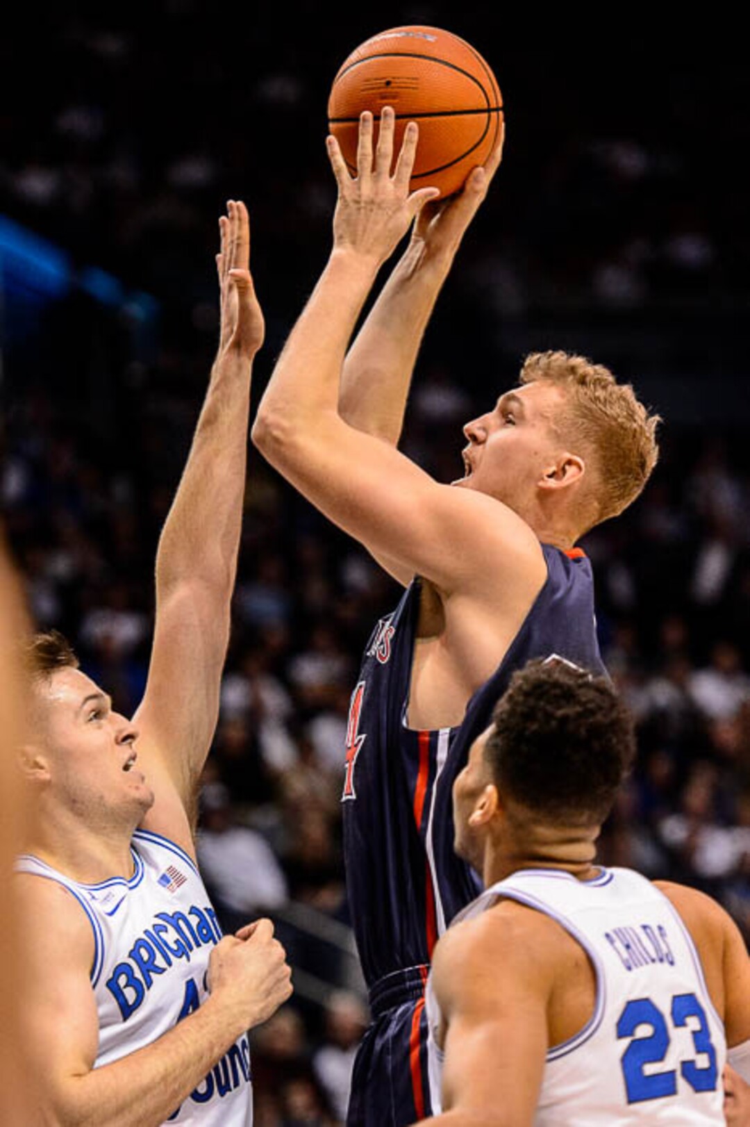 (Trent Nelson | The Salt Lake Tribune)   St. Mary's Gaels center Jock Landale (34) shoots over Brigham Young Cougars forward Luke Worthington (41) as BYU hosts the St. Mary's Gaels, NCAA basketball in Provo, Saturday December 30, 2017.