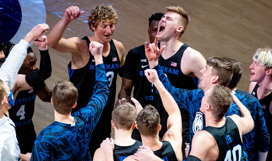 (Isaac Hale | Special to The Tribune) Brigham Young University forward Matt Haarms (3) cheers with his teammates as they break just before a game between the BYU Cougars and the Saint Mary’s College of California Gaels held at the Marriott Center in Provo on Saturday, Feb. 27, 2021.