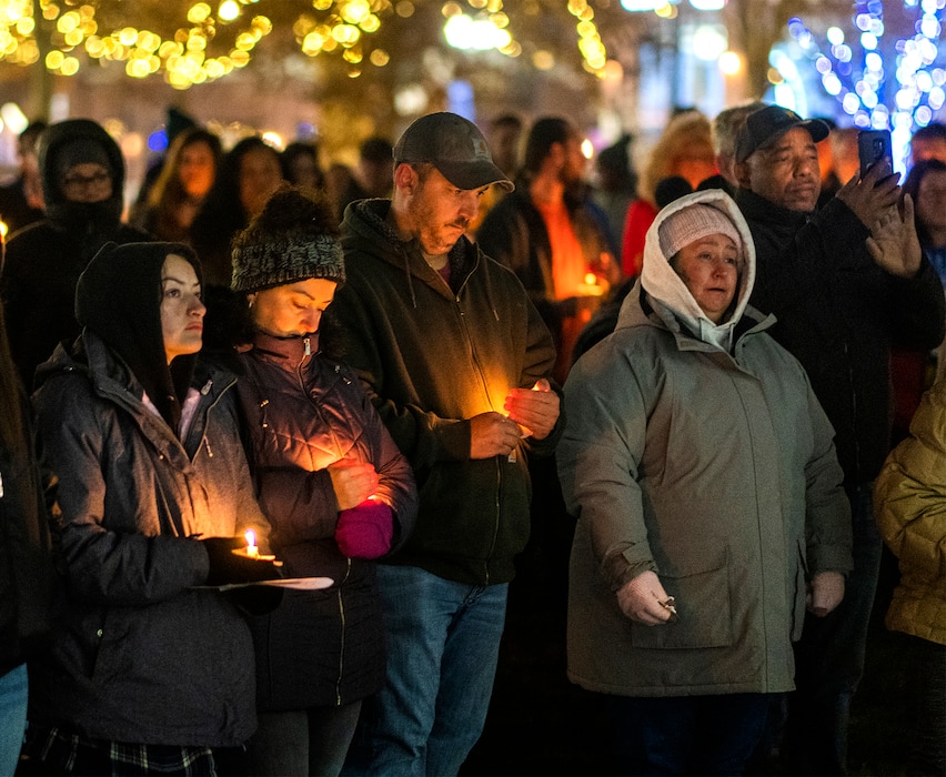 (Rick Egan | The Salt Lake Tribune)  Crowds gather for the Homeless Persons' Memorial Candlelight Vigil at Pioneer Park, on Wednesday, Dec. 21, 2022.