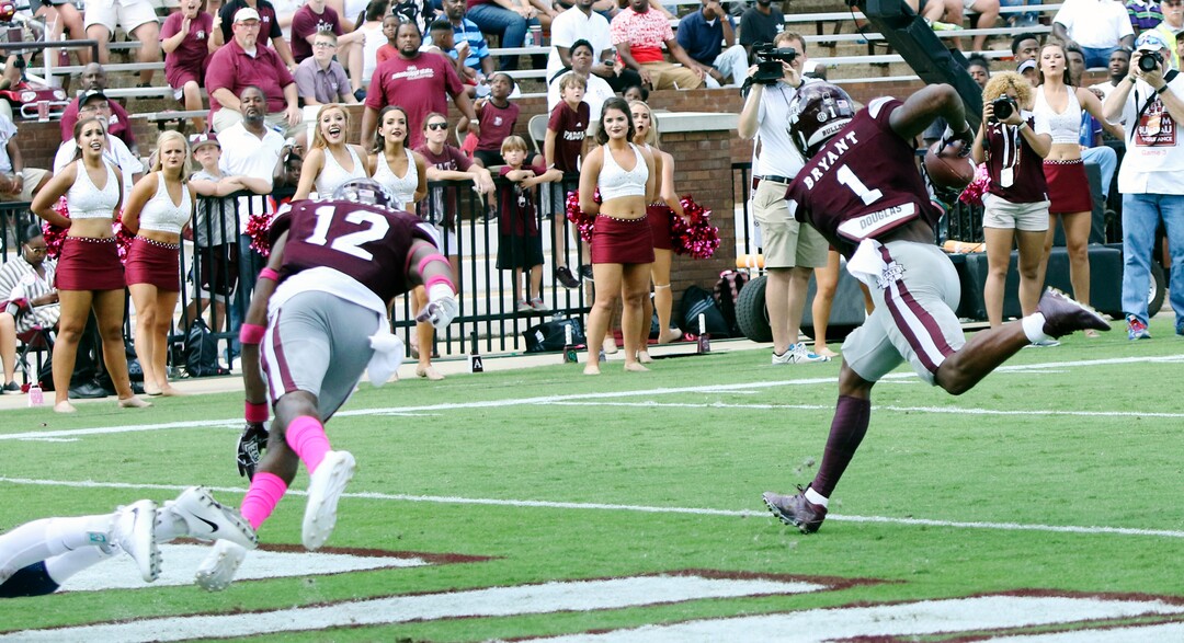 Mississippi State defensive back Brandon Bryant (1) intercepts a pass during the second half of an NCAA college football game against Brigham Young in Starkville, Miss., Saturday, Oct. 14, 2017. (AP Photo/Jim Lytle)
