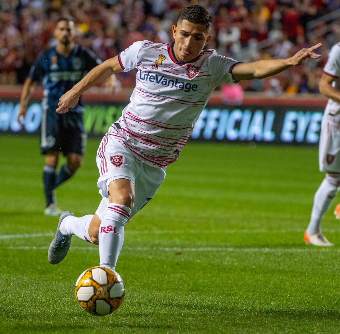 (Rick Egan  |  The Salt Lake Tribune)  Real Salt Lake forward Jefferson Savarino (7) kicks the ball, in MLS soccer action between Real Salt Lake and Los Angeles Galaxy at Rio Tinto Stadium, Wednesday, Sept. 25, 2019.