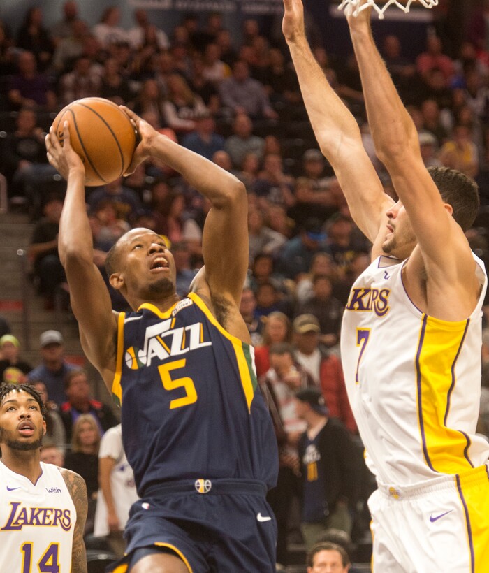 (Rick Egan  |  The Salt Lake Tribune)  Utah Jazz guard Rodney Hood (5) shoots over Los Angeles Lakers forward Larry Nance Jr. (7), in NBA action, Utah Jazz vs. Los Angeles Lakers, in Salt Lake City, Saturday, October 28, 2017.