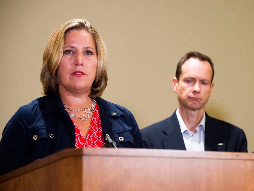 (Rick Egan | The Salt Lake Tribune) Jill, left, and Matt McCluskey speak at a news conference Thursday, June 27, 2019, following the filing of a lawsuit against the University of Utah for $56 million, alleging campus police could have done more to prevent the murder of their daughter Lauren.