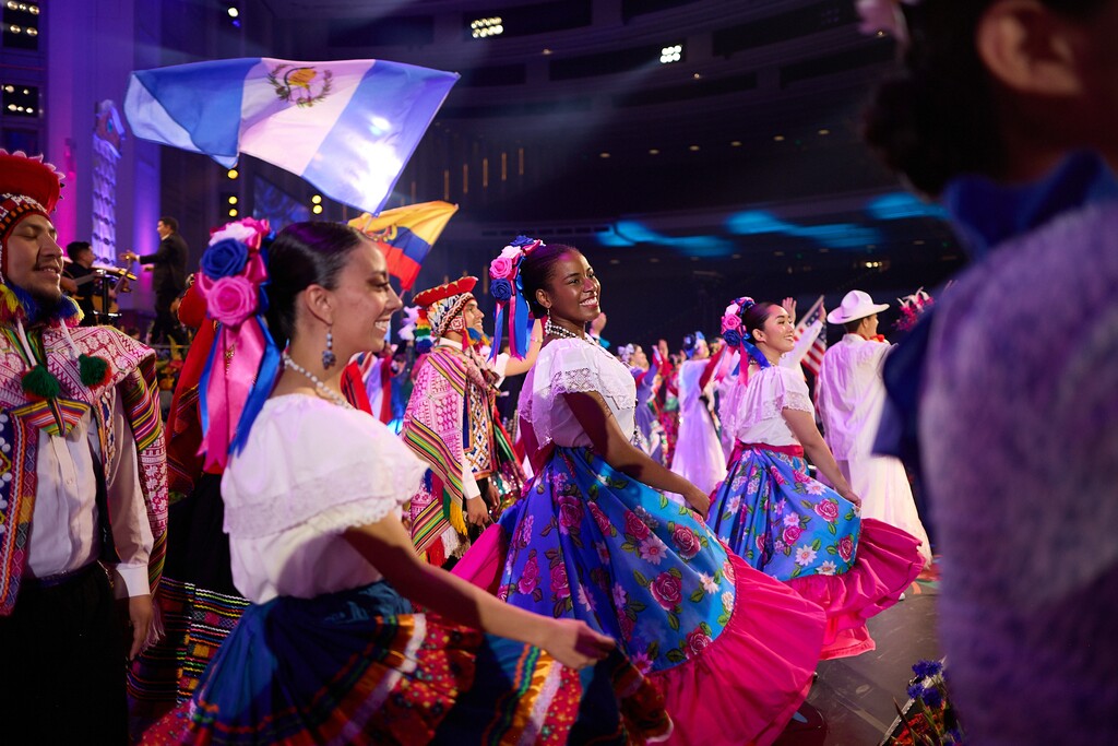 (The Church of Jesus Christ of Latter-day Saints) Dancers perform at the annual “Luz de las Naciones” celebration in the Conference Center in Salt Lake City in November. A new book explores Latinos' place in the faith.