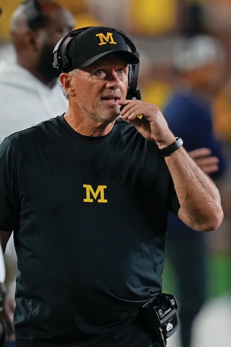 Michigan head coach Kyle Whittingham watches against Western Michigan during the second half of an NCAA college football game Saturday, Sept. 5, 2026, in Ann Arbor, Mich. (AP Photo/Paul Sancya)