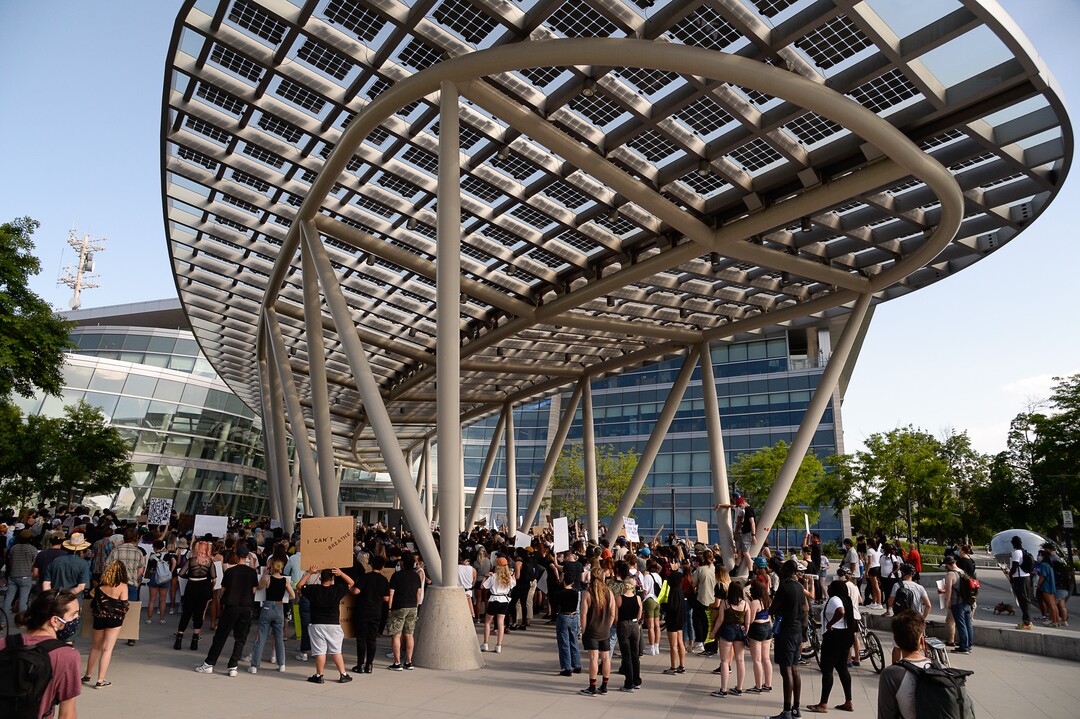 (Francisco Kjolseth  |  The Salt Lake Tribune) Demonstrators protest against police brutality at the Salt Lake City Public Safety Building on Wednesday, June 3, 2020, as the initially set 8 p.m. weeklong curfew was removed.