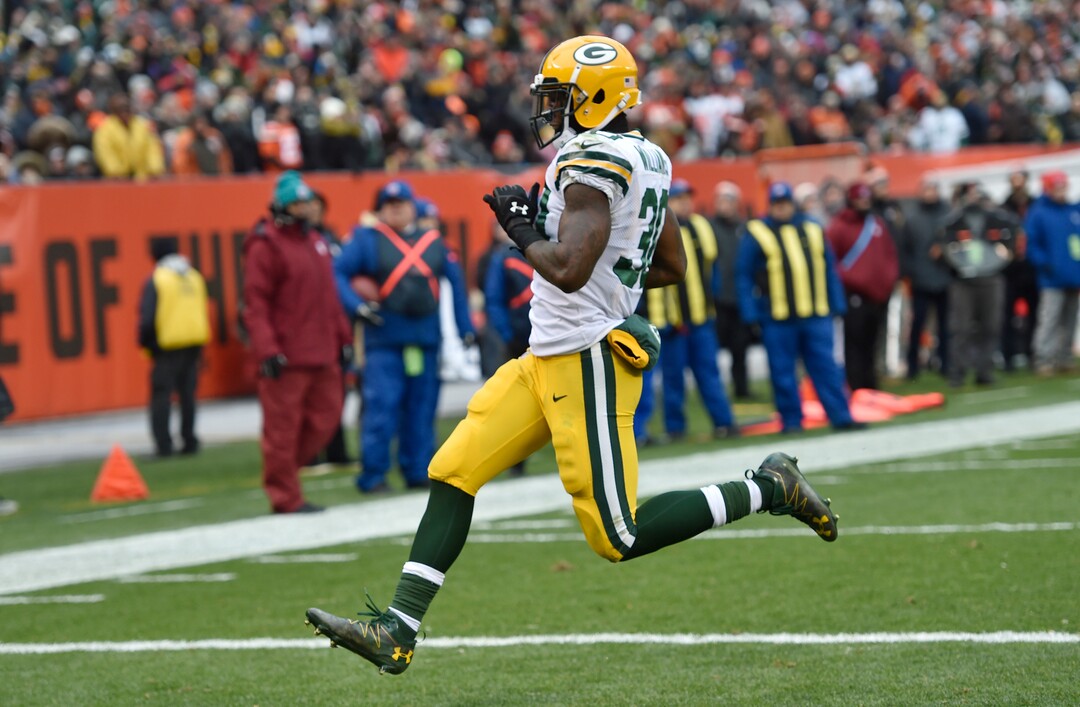 Green Bay Packers running back Jamaal Williams rushes in for a one-yard touchdown in the second half of an NFL football game against the Cleveland Browns, Sunday, Dec. 10, 2017, in Cleveland. (AP Photo/David Richard)
