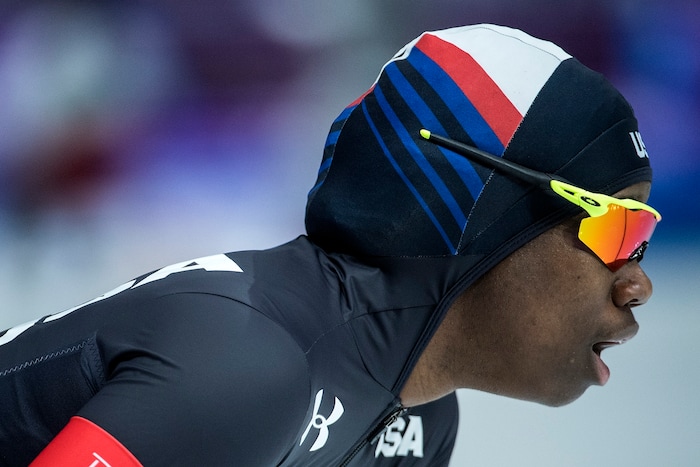 (Chris Detrick  |  The Salt Lake Tribune)  USA's Erin Jackson competes during the Ladies' 500m at the Gangneung Oval during the Pyeongchang 2018 Winter Olympics Sunday, Feb. 18, 2018. Jackson finished in 24th place with a time of 39.20. 