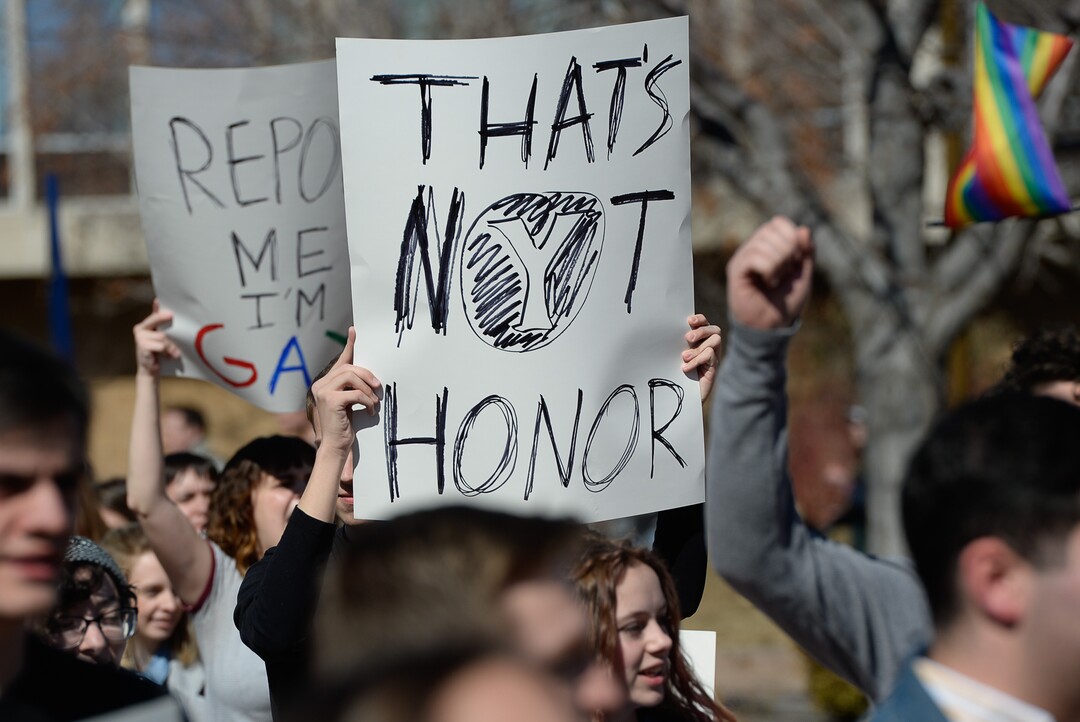 (Francisco Kjolseth  |  The Salt Lake Tribune) Students protest outside the student center at Brigham Young University in Provo, Wednesday, March 4, 2020, after an official with The Church of Jesus Christ of Latter-day Saints issued a clarification to the school's Honor Code, which said that same-sex romantic behavior is still "not compatible" with the rules at BYU.