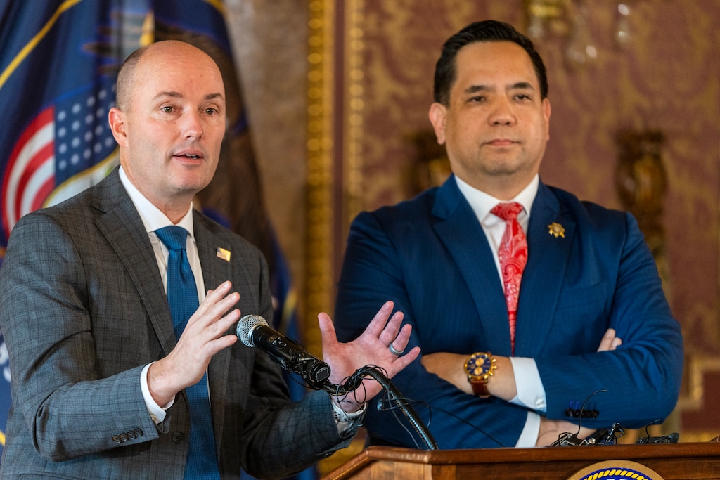 (Rick Egan | The Salt Lake Tribune) Utah Gov. Spencer Cox answers questions from the media, during a news conference with Attorney General Sean Reyes at the Capitol, on Monday, Jan. 23, 2023. The governor and attorney general said they plan to sue social media companies sometime in the future.