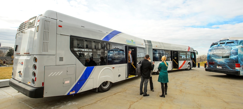 (Steve Griffin  |  The Salt Lake Tribune)  UTA's new long "BRT" (bus rapid transit) is parked in front of the Capitol during Transit Day on Capitol Hill in Salt Lake City Friday February 2, 2018.