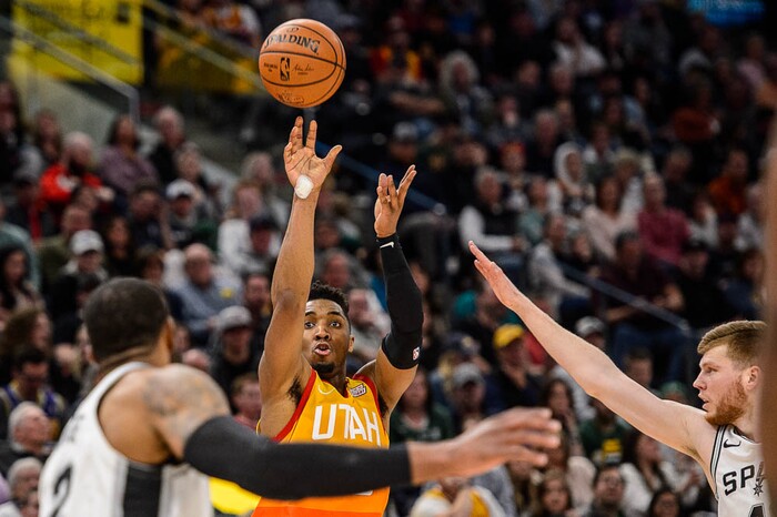 (Trent Nelson | The Salt Lake Tribune)  
Utah Jazz guard Donovan Mitchell (45) shoots as the Utah Jazz host the San Antonio Spurs, NBA basketball in Salt Lake City on Saturday Feb. 9, 2019.