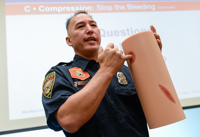 (Francisco Kjolseth | The Salt Lake Tribune) Dave Yei, a Provo firefighter and paramedic relays experiences in combat and how a tampon and tourniquet can be extremely useful when working with gun shot wounds as during a 'Stop the Bleed' class at Utah Valley Hospital in Provo on Tuesday, June 5, 2018. The free class is part of a campaign to teach the basic actions to stop life threatening bleeding following everyday emergencies, mass shootings or natural disasters.
