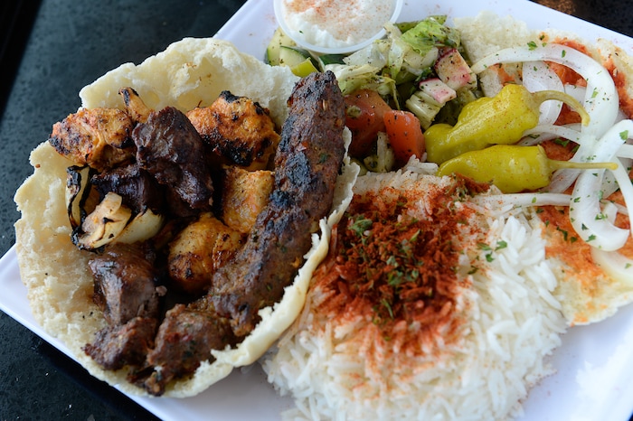 (Francisco Kjolseth  |  The Salt Lake Tribune)  The mixed grill combo at Beirut Cafe includes chicken, lamb and kafka.