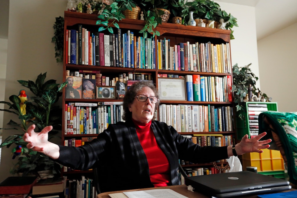 In this Monday, Nov. 6, 2017, photo, show Helen Radkey at her home in Holladay, Utah. Mormons are posthumously baptizing Holocaust victims as well as grandparents of public figures like Donald Trump, Hillary Clinton and Steven Spielberg, despite church rules intended to restrict the ceremonies to a member's ancestors, according to a researcher Helen Radkey who has spent two decades monitoring the church's massive genealogical database (AP Photo/Rick Bowmer)