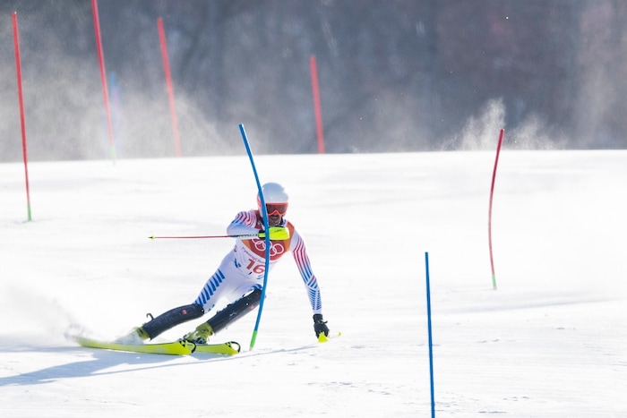 (Chris Detrick  |  The Salt Lake Tribune)  USA's Bryce Bennett competes in the Men's Alpine Combined at Jeongseon Alpine Centre during the Pyeongchang 2018 Winter Olympics Tuesday, February 13, 2018.  Bennett finished in 17th place with a time of 2:09.97.