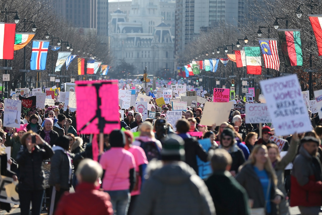 Thousands gather during the Women's March in Philadelphia on Saturday, Jan.  20, 2018. The march is among dozens of rallies being held around the country. The activists are hoping to create an enduring political movement that will elect more women to government office. (David Maialetti /The Philadelphia Inquirer via AP)