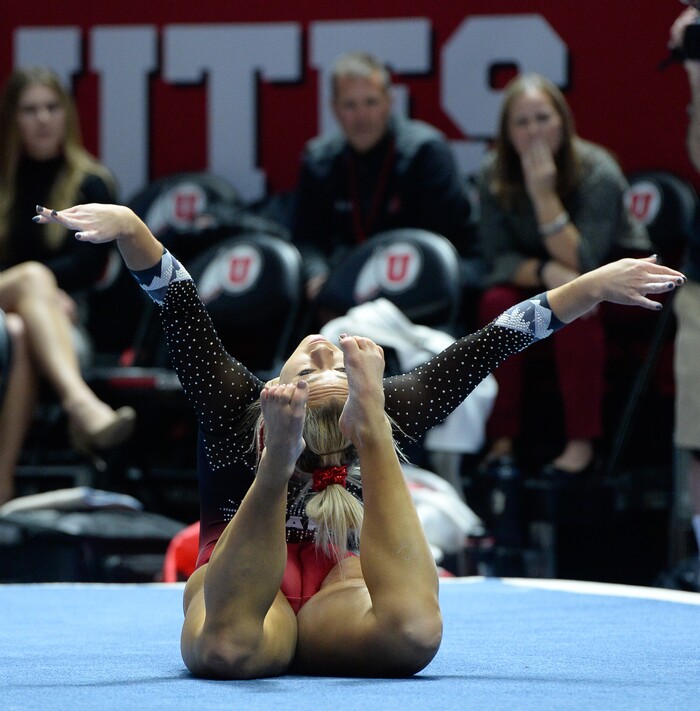 (Francisco Kjolseth  |  The Salt Lake Tribune)  Sydney Soloski performs her floor routine as Utah hosts Penn State in their season opener at the Huntsman Center in Salt Lake City on Saturday, Jan. 5, 2019.