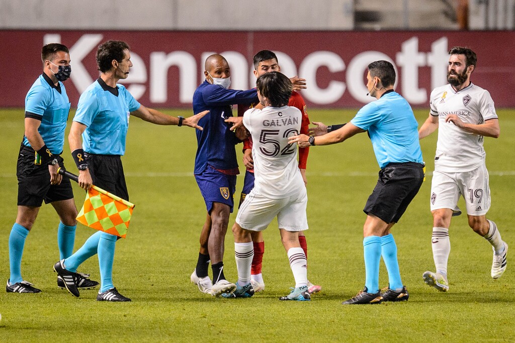 (Trent Nelson | The Salt Lake Tribune) Real Salt Lake midfielder Everton Luiz (25) and Colorado Rapids forward Braian Galván scuffle after the game as Real Salt Lake hosts the Colorado Rapids at Rio Tinto Stadium in Sandy on Saturday, Sept. 12, 2020.