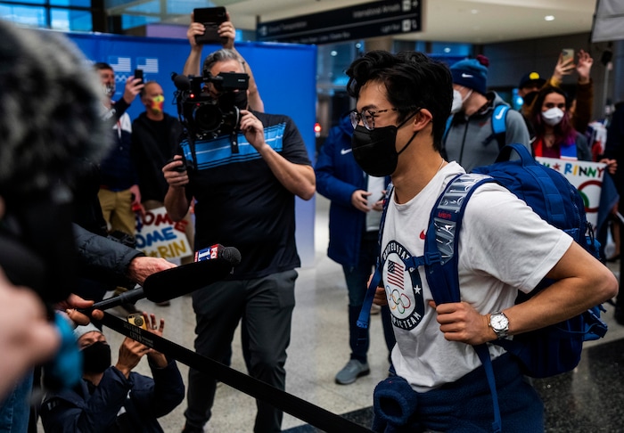 (Rick Egan | The Salt Lake Tribune) Figure skater Nathan Chen arrives home in Salt Lake City, on Monday, Feb. 21, 2022. Chen won the gold medal in men's figure staking and a silver in the team event.
